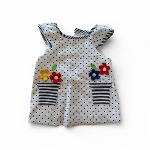 Florence Eiseman White Polka Dot Dress with Navy Trim & Multicolor Flowers